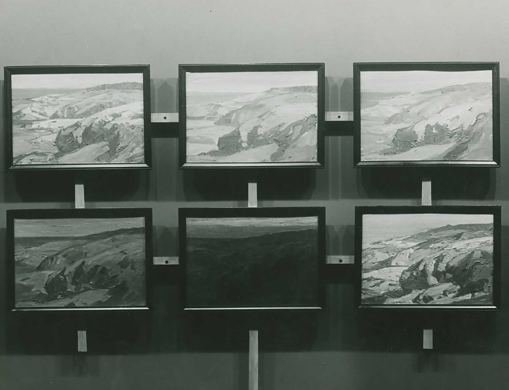 Close-up view of six landscape paintings painted by Charles Woodbury during an August 1932 eclipse. Courtesy: Adler Planetarium
